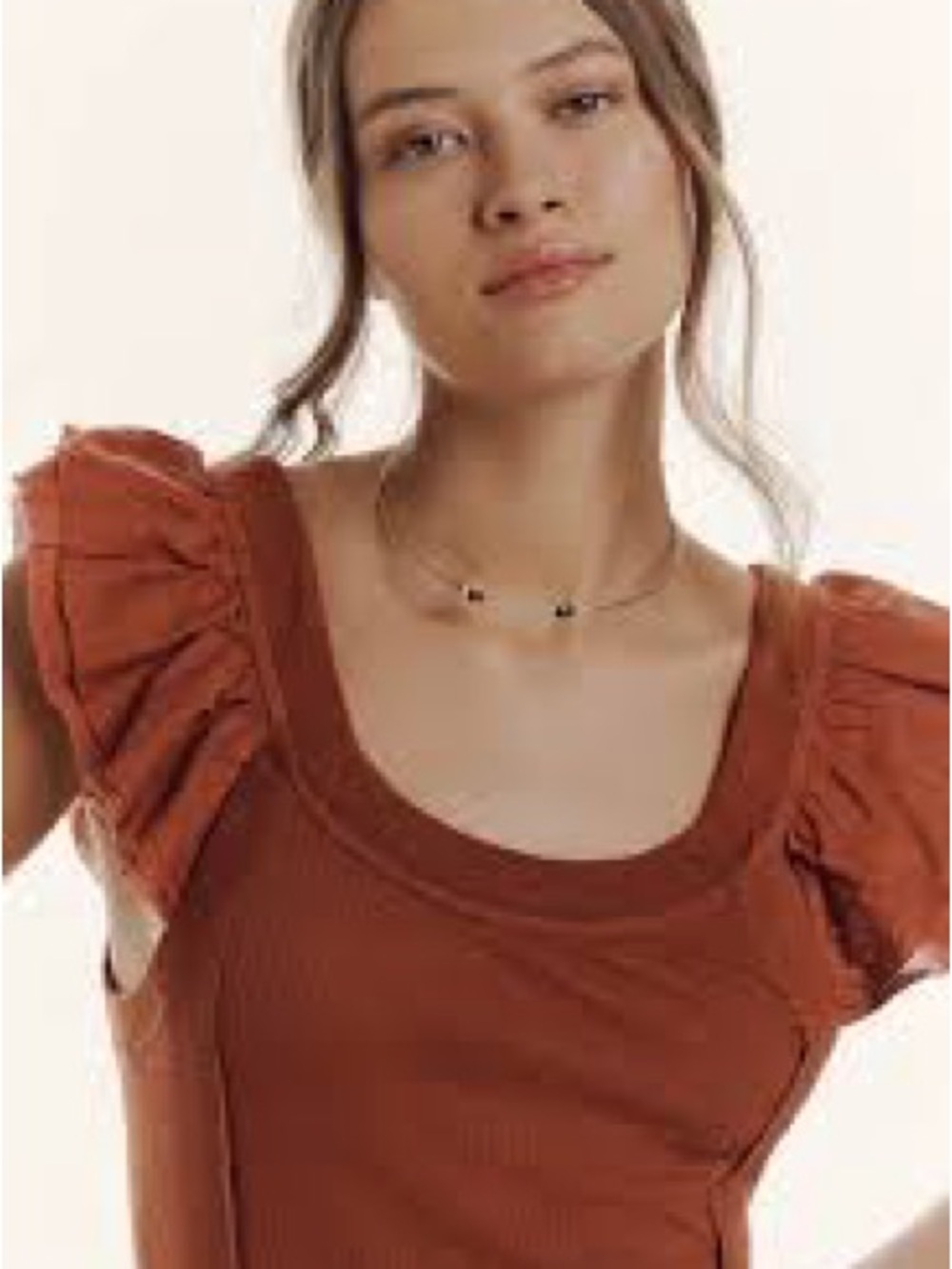 Pilcro Anthropologie Ribbed Flutter Sleeve Top Rust XS